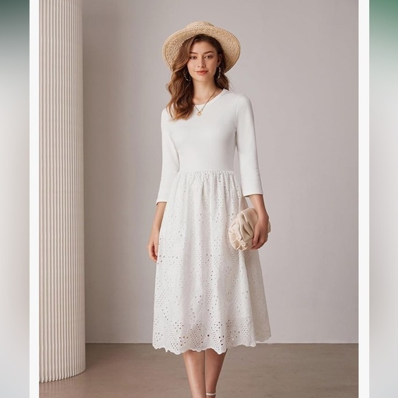 NWT 3/4 Sleeve Dress with Pockets A Line Midi Eyelet Dress Empire Waist Casual - Picture 3 of 5